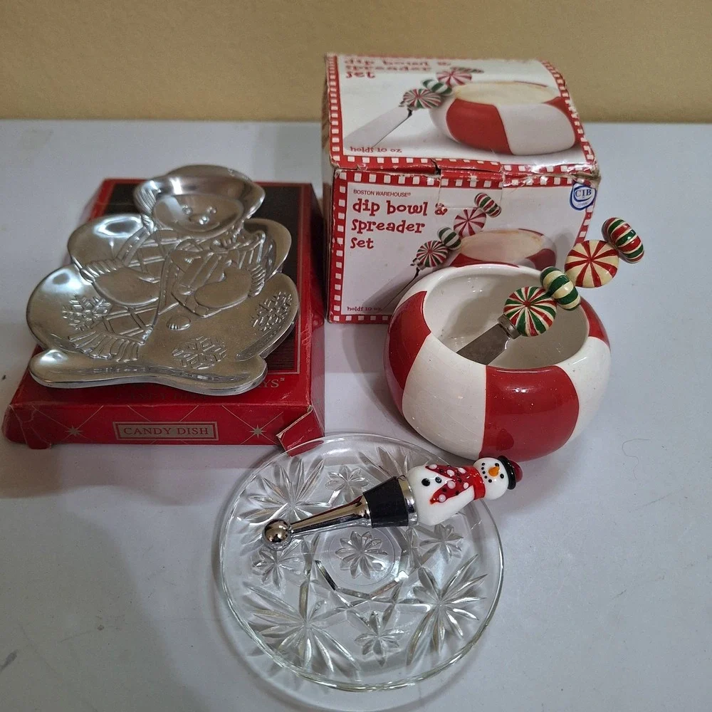 Vintage Christmas Kitchen‎ Lot Candy Dish Dip Bowl Spreader Bottle Stopper